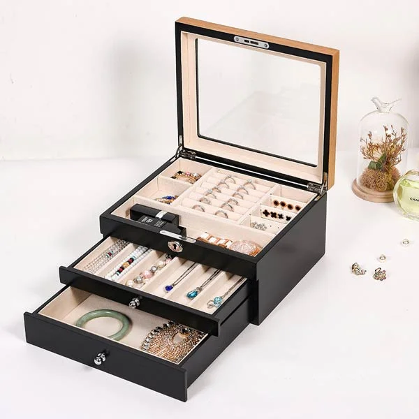 Wooden Jewelry Box with Glass Doors